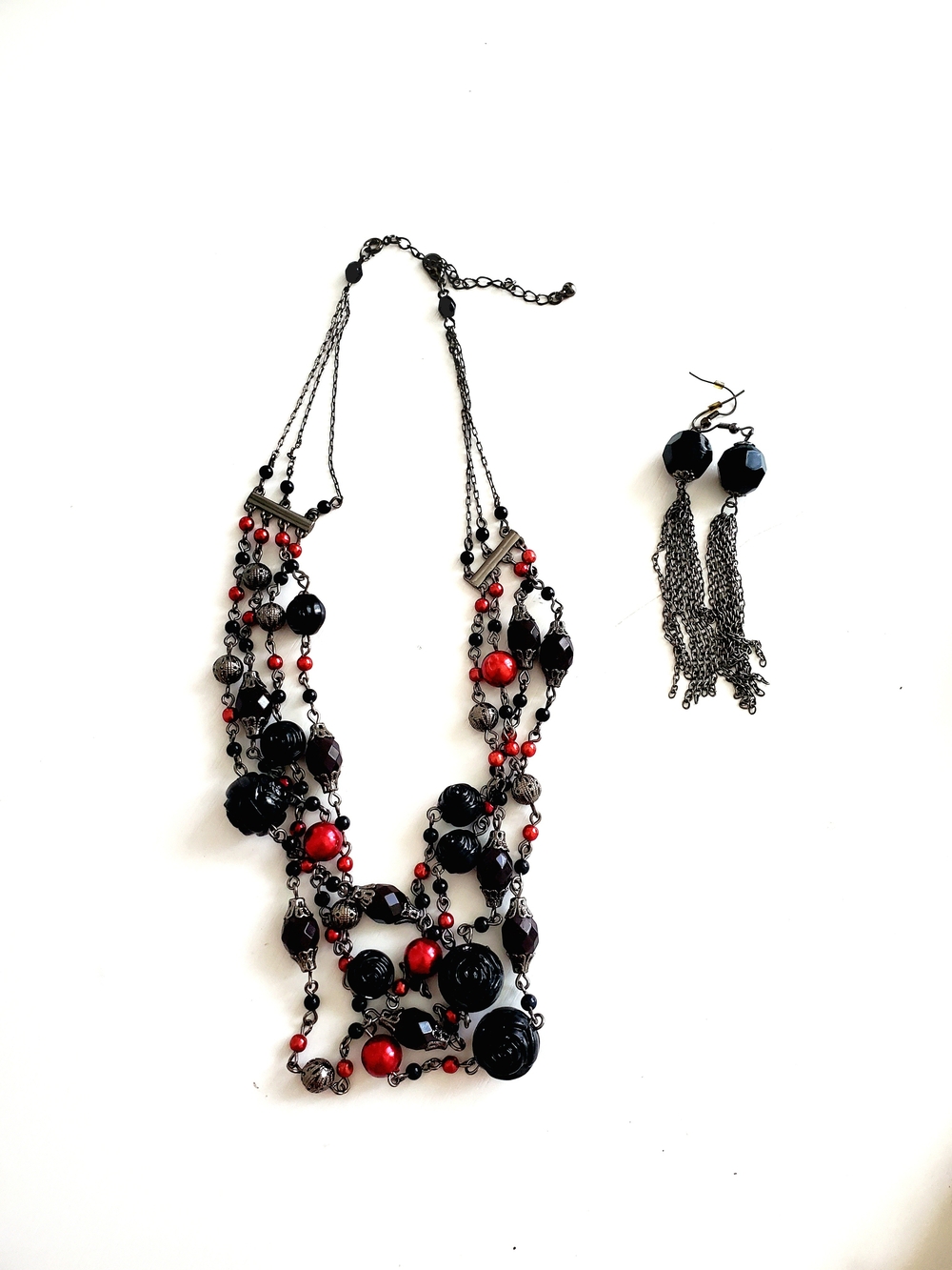 Black and Red Multi-Strand Bead Necklace with Tassel Earrings